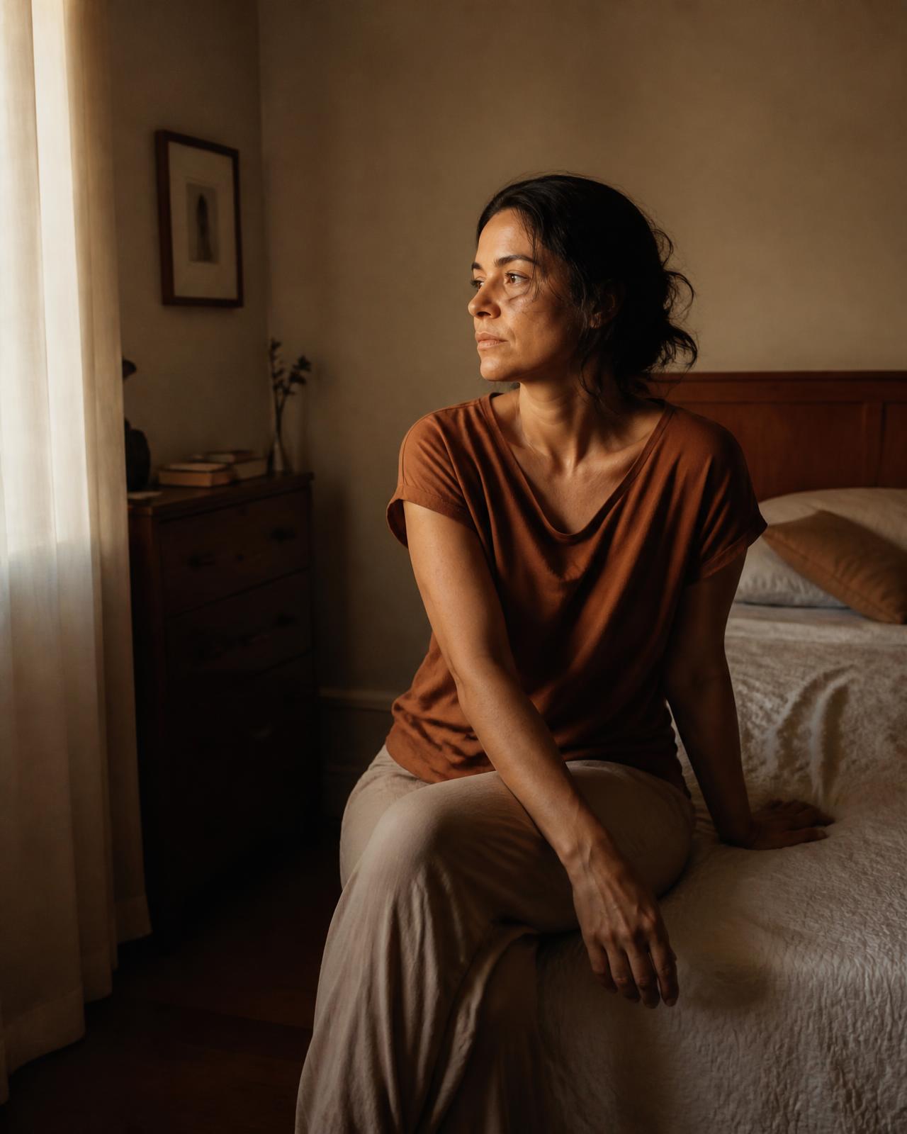 Mulher em momento de reflexão no quarto